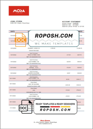 Mozambique Moza bank statement template in Word and PDF format