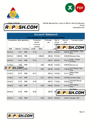 Myanmar Innwa Bank Limited bank statement Excel and PDF template