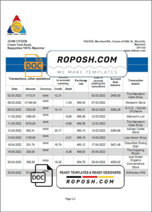 Myanmar Innwa bank statement template in Word and PDF format