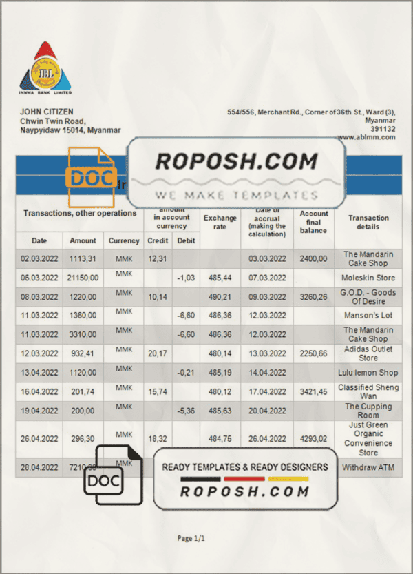 Myanmar Innwa bank statement template in Word and PDF format