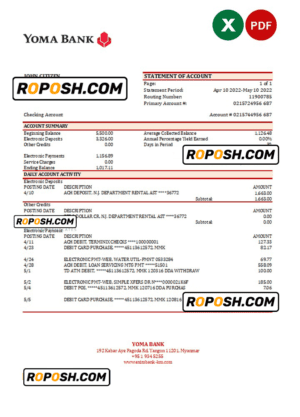 Myanmar Yoma bank statement Excel and PDF template