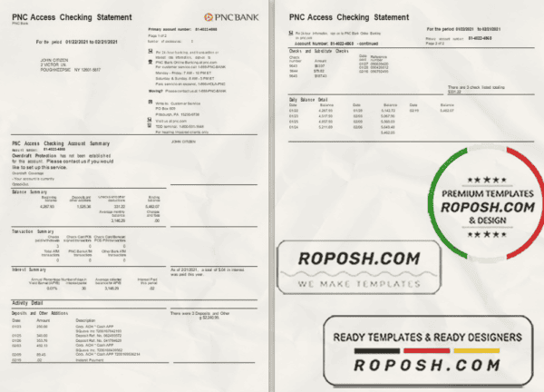 USA PNC bank statement template in Excel and PDF format, 2 pages