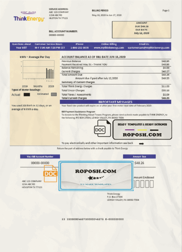 USA Think Energy utility bill template in Word and PDF format