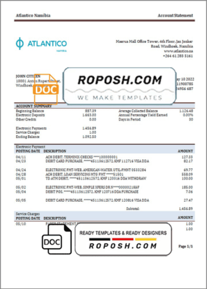 Namibia Atlantico bank statement template in Word and PDF format