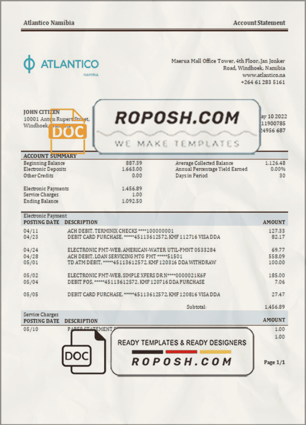 Namibia Atlantico bank statement template in Word and PDF format