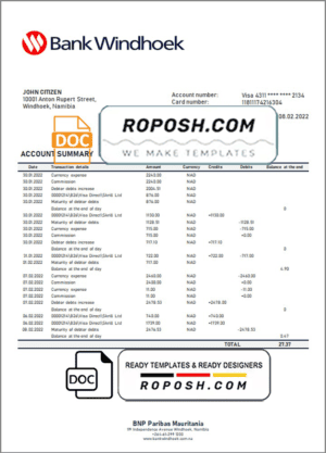 Namibia Bank Windhoek bank statement template in Word and PDF format