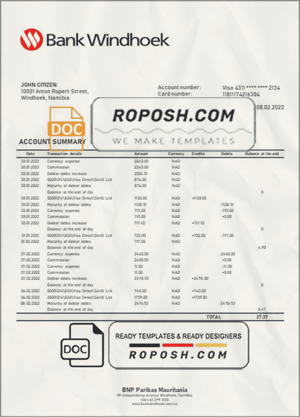Namibia Bank Windhoek bank statement template in Word and PDF format