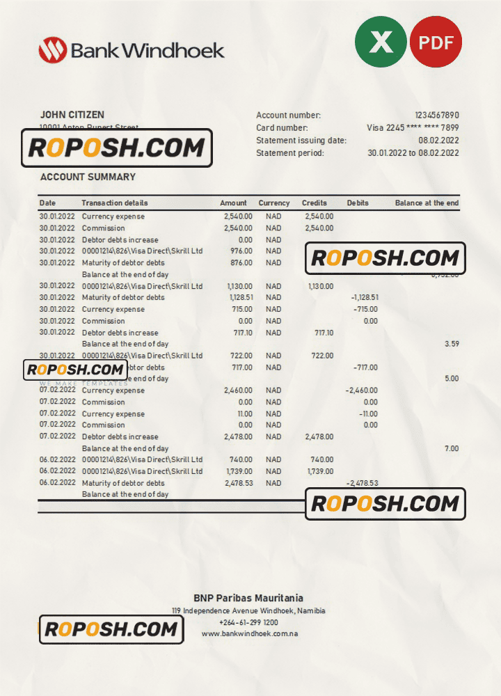 Namibia Bank Windhoek bank statement Excel and PDF template Namibia Bank Windhoek bank statement Excel and PDF template