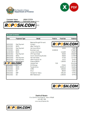 Nauru Bank of Nauru bank statement Excel and PDF template