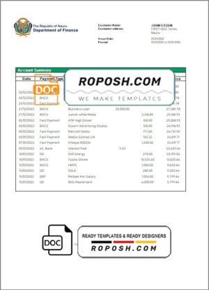Nauru Bank of Nauru bank statement template in Word and PDF format