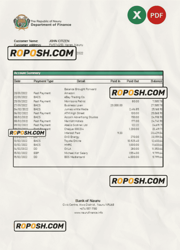 Nauru Bank of Nauru bank statement Excel and PDF template