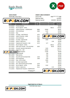 Nauru Eagle bank statement Excel and PDF template