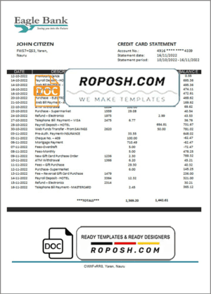 Nauru Eagle bank statement template in Word and PDF format