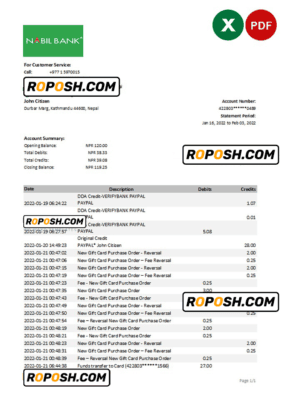 Nepal Nabil bank statement Excel and PDF template