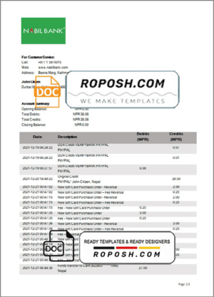 Nepal Nabil Bank bank statement template in Word and PDF format