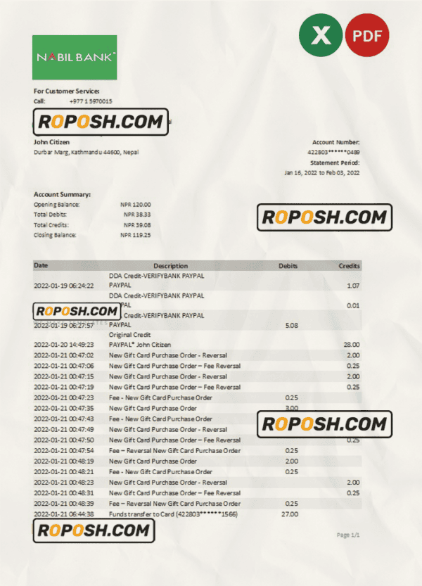 Nepal Nabil bank statement Excel and PDF template
