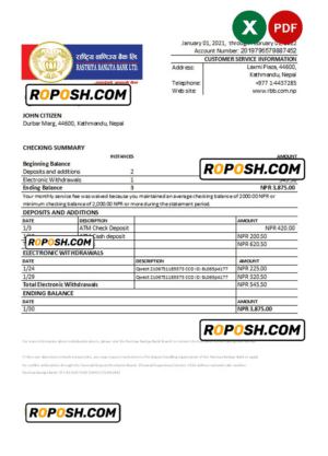 Nepal Rastriya Banijya bank statement Excel and PDF template