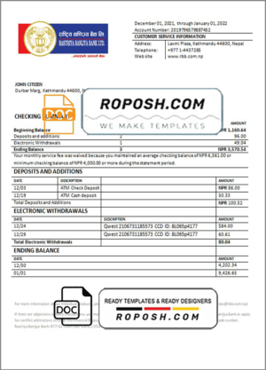 Nepal Rastriya Banijya Bank bank statement template in Word and PDF format