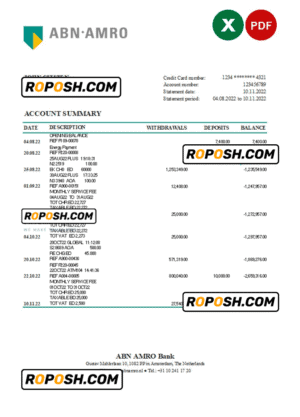 Netherlands ABN AMRO bank statement Excel and PDF template