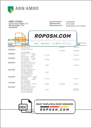 Netherlands ABN AMRO bank statement template in Word and PDF format