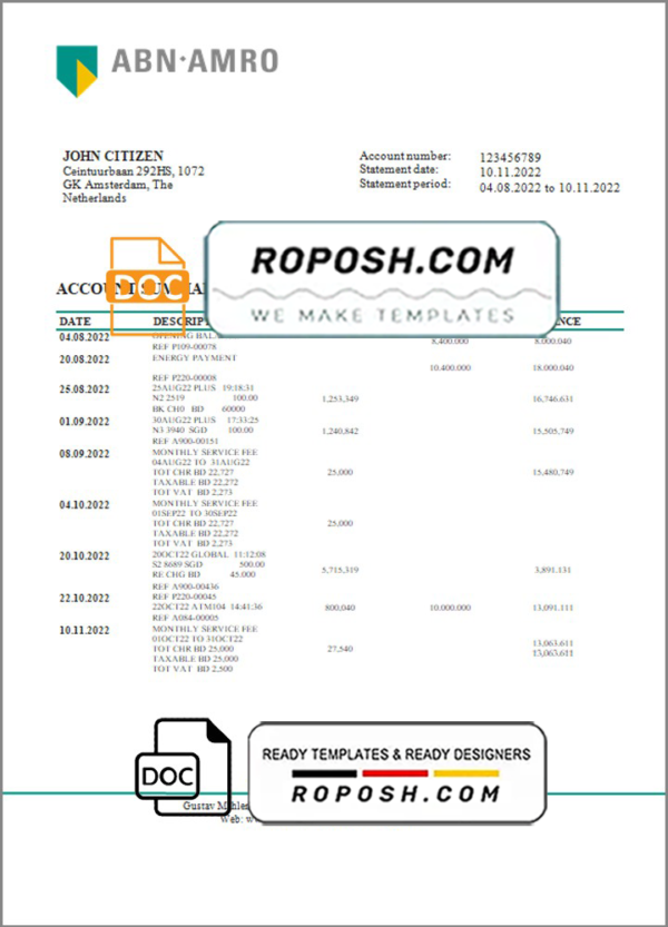 Netherlands ABN AMRO bank statement template in Word and PDF format