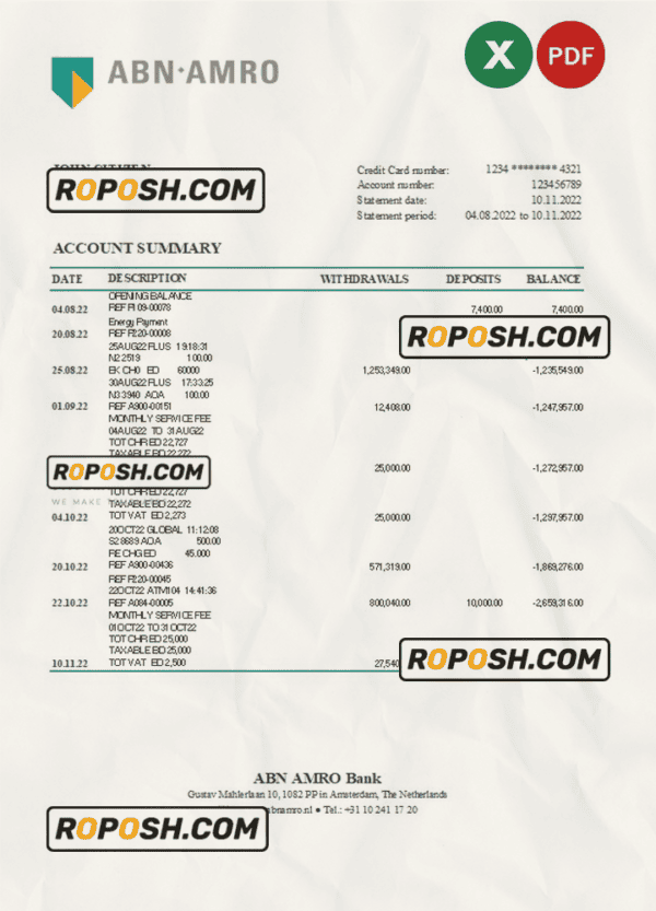 Netherlands ABN AMRO bank statement Excel and PDF template