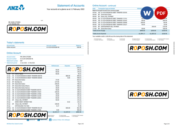 New Zealand ANZ bank account statement, Word and PDF template, 2 pages