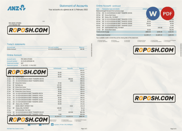 New Zealand ANZ bank account statement, Word and PDF template, 2 pages