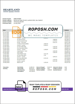 New Zealand Heartland bank statement template in Word and PDF format