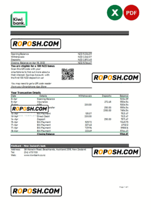 New Zealand Kiwibank bank statement Excel and PDF template
