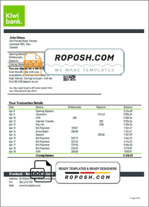 New Zealand Kiwibank bank statement template in Word and PDF format