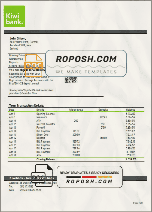 New Zealand Kiwibank bank statement template in Word and PDF format