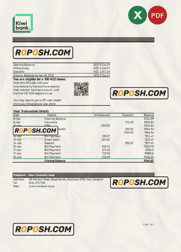 New Zealand Kiwibank bank statement Excel and PDF template