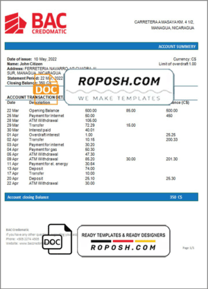 Nicaragua BAC Credomatic bank statement template in Word and PDF format