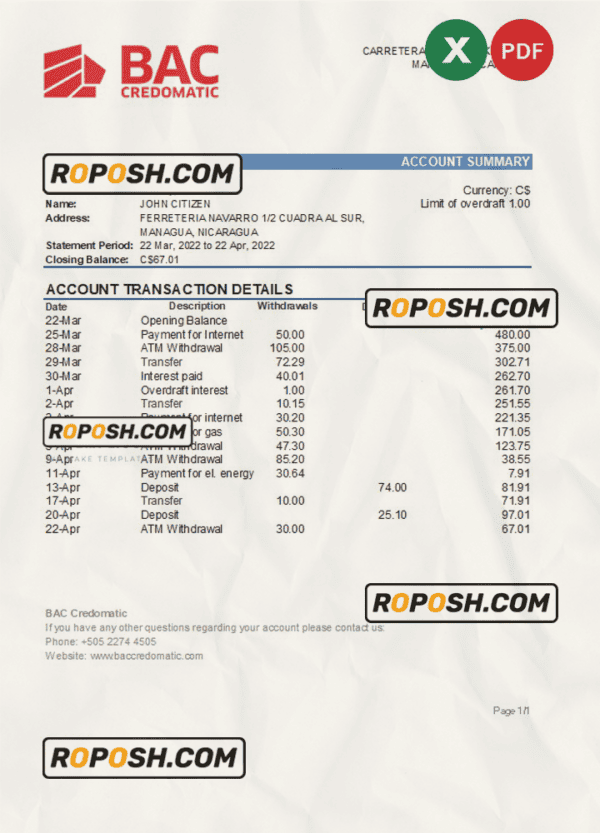 Nicaragua BAC Credomatic bank statement Excel and PDF template
