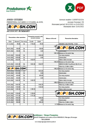 Nicaragua Banco de la Producción bank statement Excel and PDF template