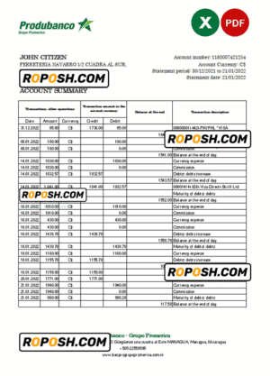 Nicaragua Banco de la Producción bank statement Excel and PDF template