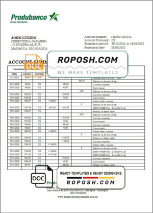 Nicaragua Banco de la Producción bank statement template in Word and PDF format