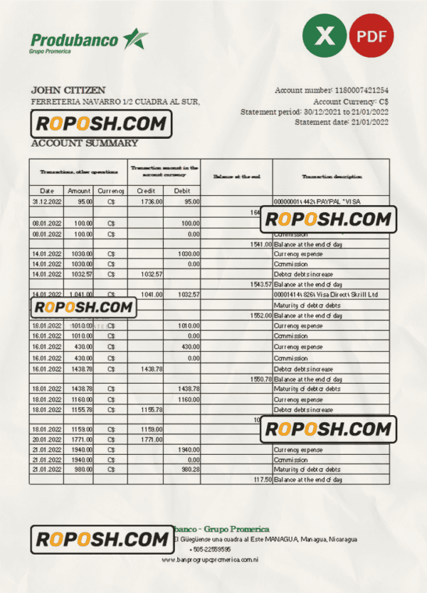 Nicaragua Banco de la Producción bank statement Excel and PDF template