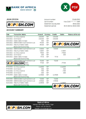Niger Bank of Africa bank statement Excel and PDF template