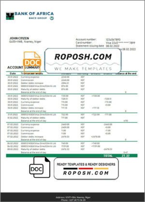Niger Bank of Africa bank statement template in Word and PDF format