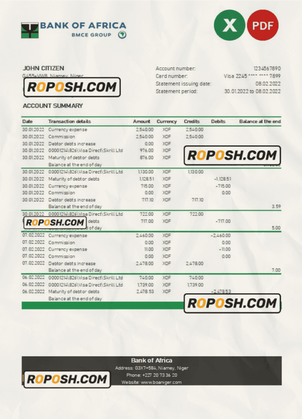Niger Bank of Africa bank statement Excel and PDF template
