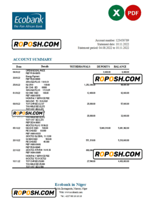 Niger Ecobank bank statement Excel and PDF template