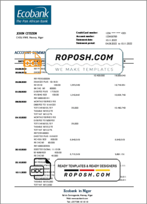 Niger Ecobank bank statement template in Word and PDF format
