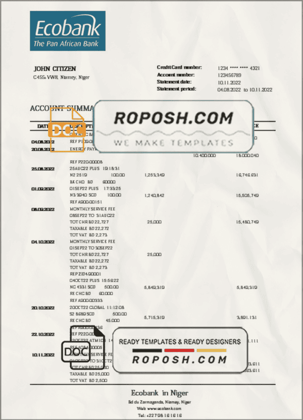 Niger Ecobank bank statement template in Word and PDF format