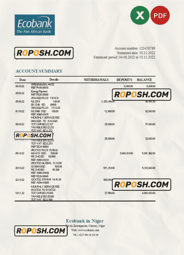 Niger Ecobank bank statement Excel and PDF template