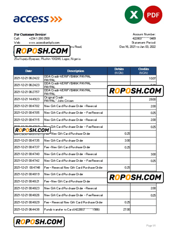 Nigeria Access bank statement Excel and PDF template