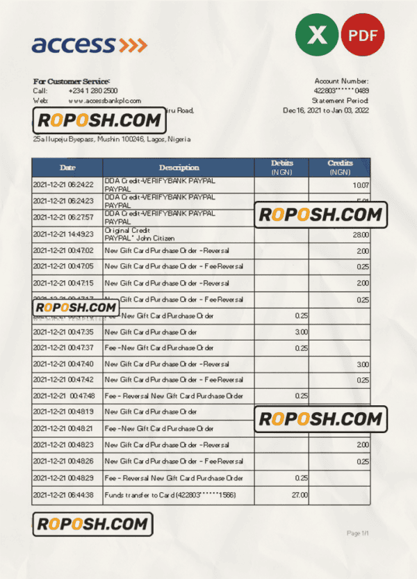 Nigeria Access bank statement Excel and PDF template