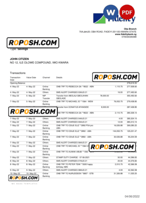 Nigeria Fidelity bank statement, Word and PDF template