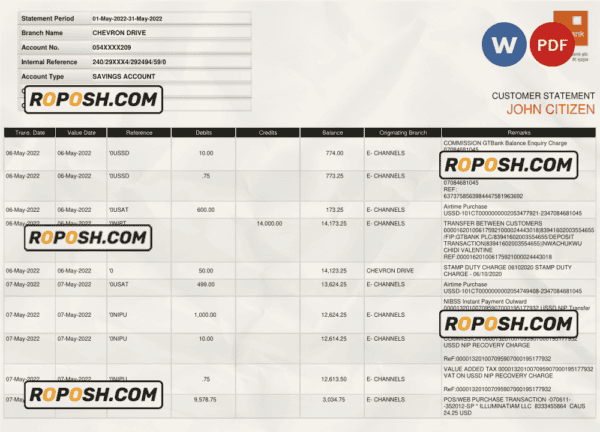 Nigeria GTBank statement, Word and PDF template, version 2